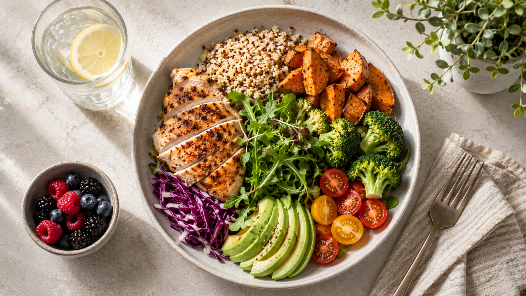 Balanced protein bowl with vegetables, avocado, quinoa, berries, and water.