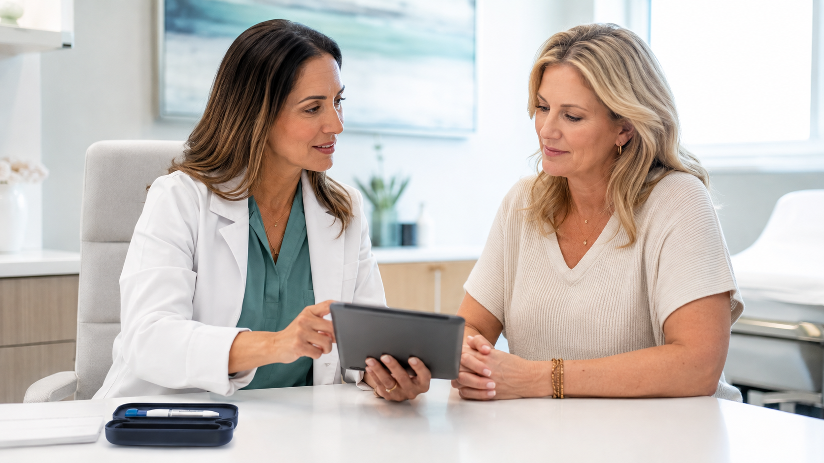 Clinician and patient reviewing a medical weight-management plan.