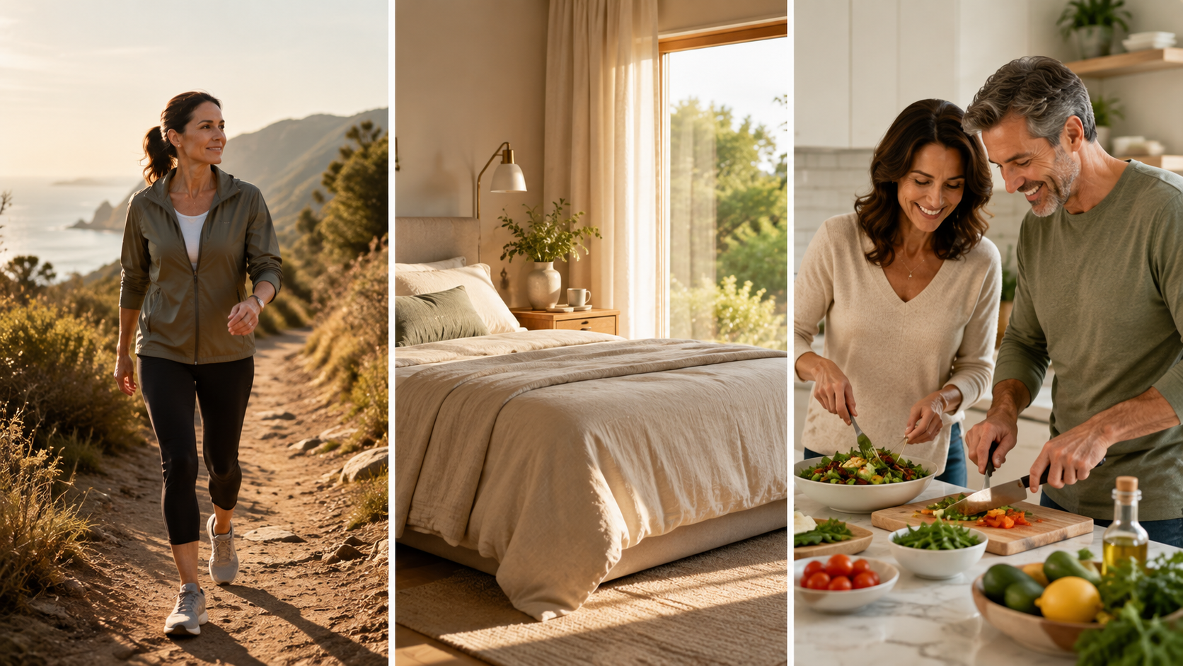 Lifestyle scenes showing walking, rest, and food preparation.