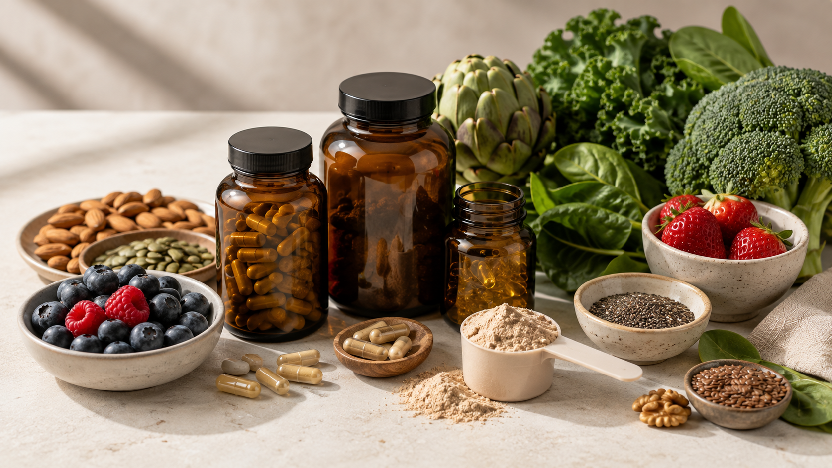 Targeted supplements placed with whole foods, berries, seeds, and green vegetables.
